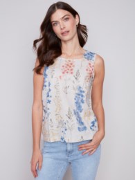 Jardin Printed Sleeveless Linen Top with Button Detail