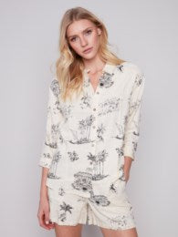 Printed Button Front L/S Collared Tunic Shirt